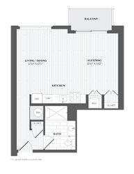 A floor plan of a balcony with living/dining, sleeping, and kitchen areas.