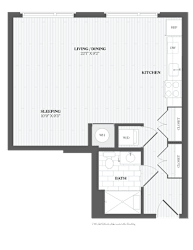 A floor plan of a small apartment with a living room, kitchen, sleeping area, and bathroom.