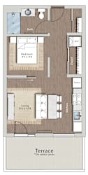 a floor plan of a home with a bedroom and a living room  at Sono Central Residential, Norwalk