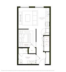 A floor plan of a home with a living room, dining room, bedroom, and bathroom.