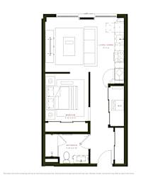 A black and white floor plan of a small apartment with a living room, bedroom, and bathroom.
