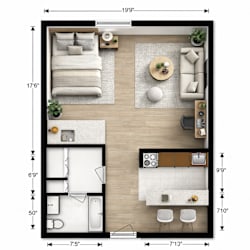 A top-down view of a small apartment layout with a bedroom, living room, and kitchen.