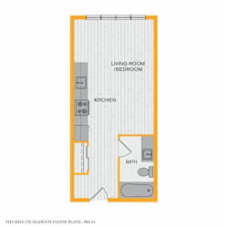 A floor plan of a small apartment with a living room, bedroom, kitchen, and bathroom.