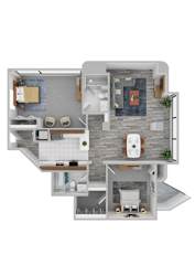 A 3D floor plan of a house with a kitchen, living room, and two bedrooms.