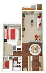 1 bed 1 bath floorplan with walk-in closet at Indian Ridge Apartments, Iowa, 52807