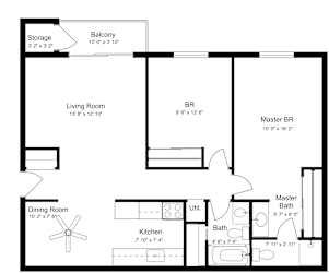 2 bedroom 2 bathroom floorplan with balcony at Indian Ridge Apartments, Davenport, IA 52807
