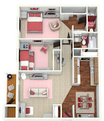 Three bed two bath 3D floorplan at Indian Ridge Apartments, Iowa, 52807