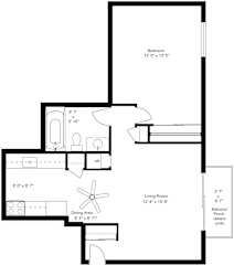 1 bedroom one bathroom 2D floorplan with balcony at Kimberly Club Apartments, Davenport, IA