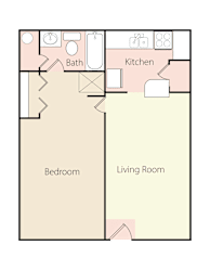 A floor plan of a room with a bedroom, living room, and kitchen.