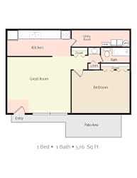 A floor plan of a small apartment with one bedroom, one bathroom, and a kitchen.