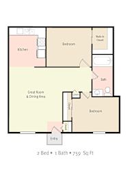 2 Bedroom 1 Bath 2D Floorplan at Tanglewood Apartment Homes