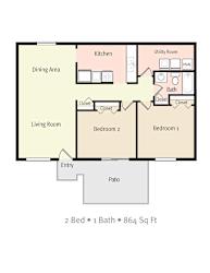 2D Floorplan of 2 Bedroom 1 Bath