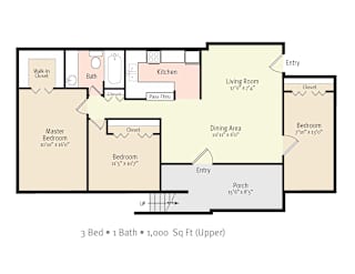 3BR 1Bath Floor Plan at Kings Trail Apartment Homes, Florida, 32217