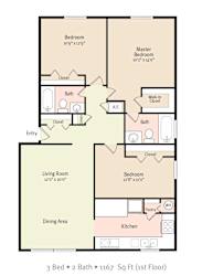 3 Bedroom 2 Bedroom 2D Floorplan, Rolling Hills Apartments