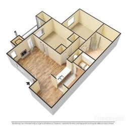a 3-d image of a 2 bedroom, 2 bathroom floorplan at Forest Pointe Apartments in Macon, GA