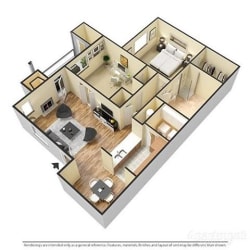 a 3-d image of a 2 bedroom, 2 bathroom floorplan at Forest Pointe Apartments in Macon, GA