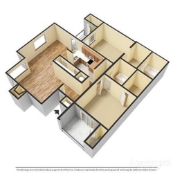 a 3-d image of a 2 bedroom, 2 bathroom floorplan at Forest Pointe Apartments in Macon, GA