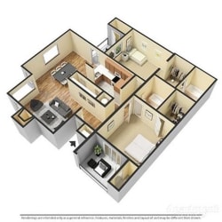 a 3-d image of a 2 bedroom, 2 bathroom floorplan at Forest Pointe Apartments in Macon, GA