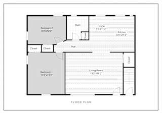 A floor plan of a house with two bedrooms, a living room, a dining room, a kitchen, and a bathroom.