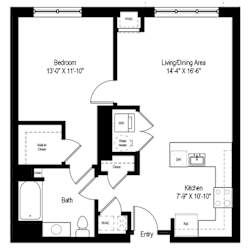 One bedroom floor plan with open living area at RiverParc Apartments, Weehawken, New Jersey