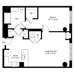 One bedroom floor plan with walk-in closet at RiverParc Apartments, Weehawken