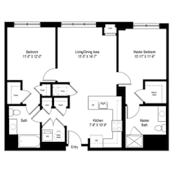 Two bedroom floor plan with separate bathrooms at RiverParc Apartments, Weehawken, NJ