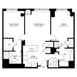Two bedroom floor plan with bathrooms at RiverParc Apartments, Weehawken, New Jersey