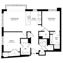 Two bedroom apartment floor plan layout at RiverParc Apartments, Weehawken