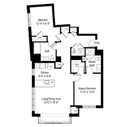 Two bedroom floor plan with dual bathrooms at RiverParc Apartments, New Jersey