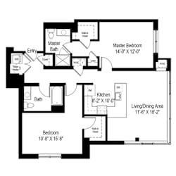 Two bedroom apartment floor plan with master suite at RiverParc Apartments, New Jersey, 07086