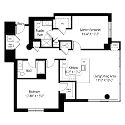 Two bedroom floor plan with living dining area at RiverParc Apartments, Weehawken, NJ 07086