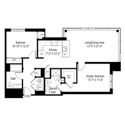 Two bedroom floor plan with spacious living area at RiverParc Apartments, Weehawken, NJ