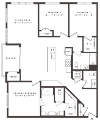 Three bedroom apartment floor plan layout at Aster Grove Apartments, Warren, 07059