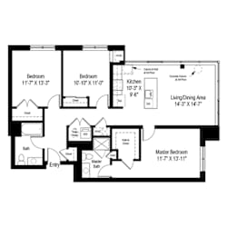 Three bedroom apartment floor plan layout at RiverParc Apartments, Weehawken, 07086