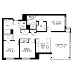 Three bedroom floor plan with two bathrooms at RiverParc Apartments, Weehawken, New Jersey
