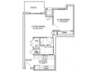 One bedroom floor plan with patio at Highlands at Hilltop Apartments, New Jersey
