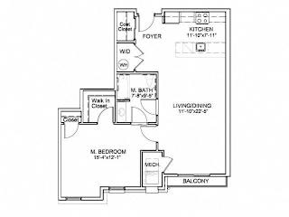 One bedroom floor plan with walk-in closet at Highlands at Hilltop Apartments, Verona, NJ 07044