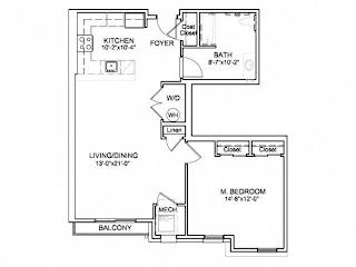 One bedroom floor plan with balcony access at Highlands at Hilltop Apartments, Verona, NJ