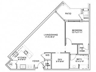 One bedroom floor plan with den and walk-in closet at Highlands at Hilltop Apartments, Verona, 07044