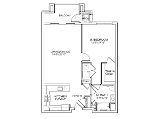 One bedroom apartment floor plan with walk-in closet at Highlands at Hilltop Apartments, New Jersey, 07044