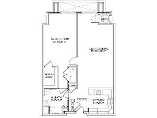 One bedroom apartment floor plan with foyer at Highlands at Hilltop Apartments, Verona, 07044