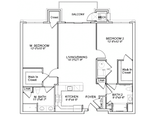 Two bedroom floor plan with linen closets and balcony at Highlands at Hilltop Apartments, Verona, New Jersey