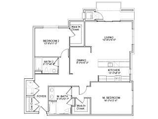 Two bedroom floor plan with dual bathrooms and foyer at Highlands at Hilltop Apartments, New Jersey