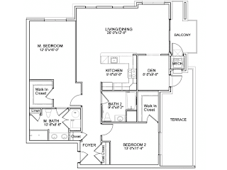 Two bedroom den floor plan with terrace and balcony at Highlands at Hilltop Apartments, New Jersey, 07044