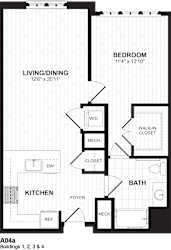One bedroom floor plan with walk-in closet at Inwood at Renaissance Square Apartments, Marlton, 08053