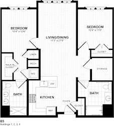 Two bedroom two bathroom floor plan with storage at Inwood at Renaissance Square Apartments, New Jersey