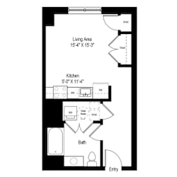 Studio floor plan with full bath and kitchen at RiverParc Apartments, Weehawken