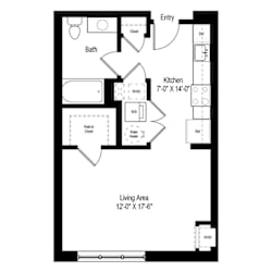 Studio apartment floor plan with open layout at RiverParc Apartments, New Jersey