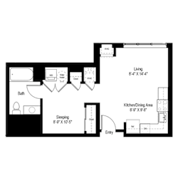 One bedroom floor plan with kitchen and bath at RiverParc Apartments, New Jersey, 07086