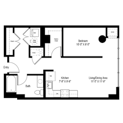 One bedroom floor plan with bathroom and kitchen at RiverParc Apartments, Weehawken, NJ 07086